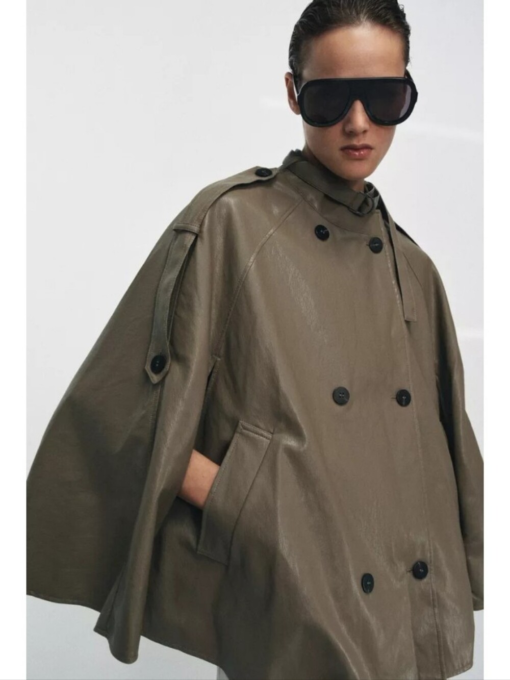 Zara Zw Collection Olive Green Double-Breasted Cape Jacket Sz-L